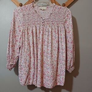 Cynthia Rowley Floral Pink 3/4 Length Blouse Women's Size Large